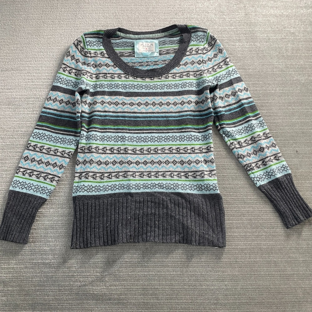 Old Navy Holiday Fair Isle Sweater Women M Blue Green Scoop Neck Cabincore Y2K